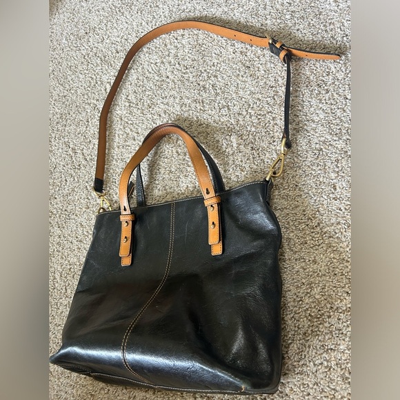 Vera Bradley Sagebrush Satchel Black Tan Leather Tote Bag Stitching Aztec Lined - Picture 3 of 11